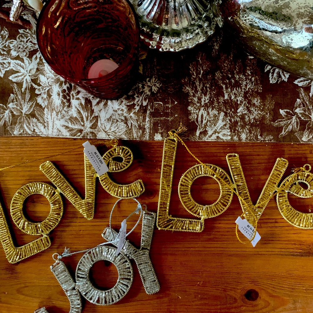 Pottery Barn Ornament - 2 Gold LOVE & 1 silver JOY